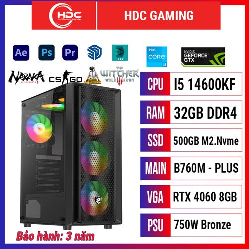PC HDC GAMING CPU Intel i5 14600KF – RAM 32GB DDR4 – SSD 500GB NVME M.2 – MAIN TUF B760M-Plus - VGA RTX 4060 8GB